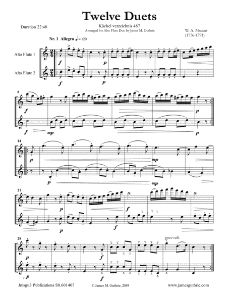 Mozart: 12 Duets K.487 for Alto Flute Duo (arr. James M. Guthrie, ASCAP)