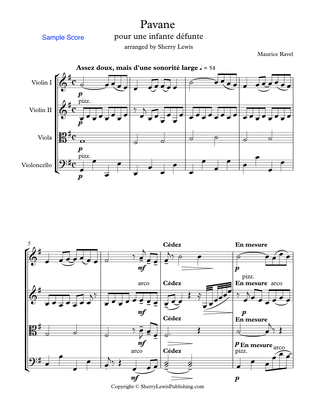 PAVANE POUR UN INFANTE D´EFUNTE (Pavane For a Dead Princess) String Quartet, Intermediate Level for (arr. Sherry Lewis)