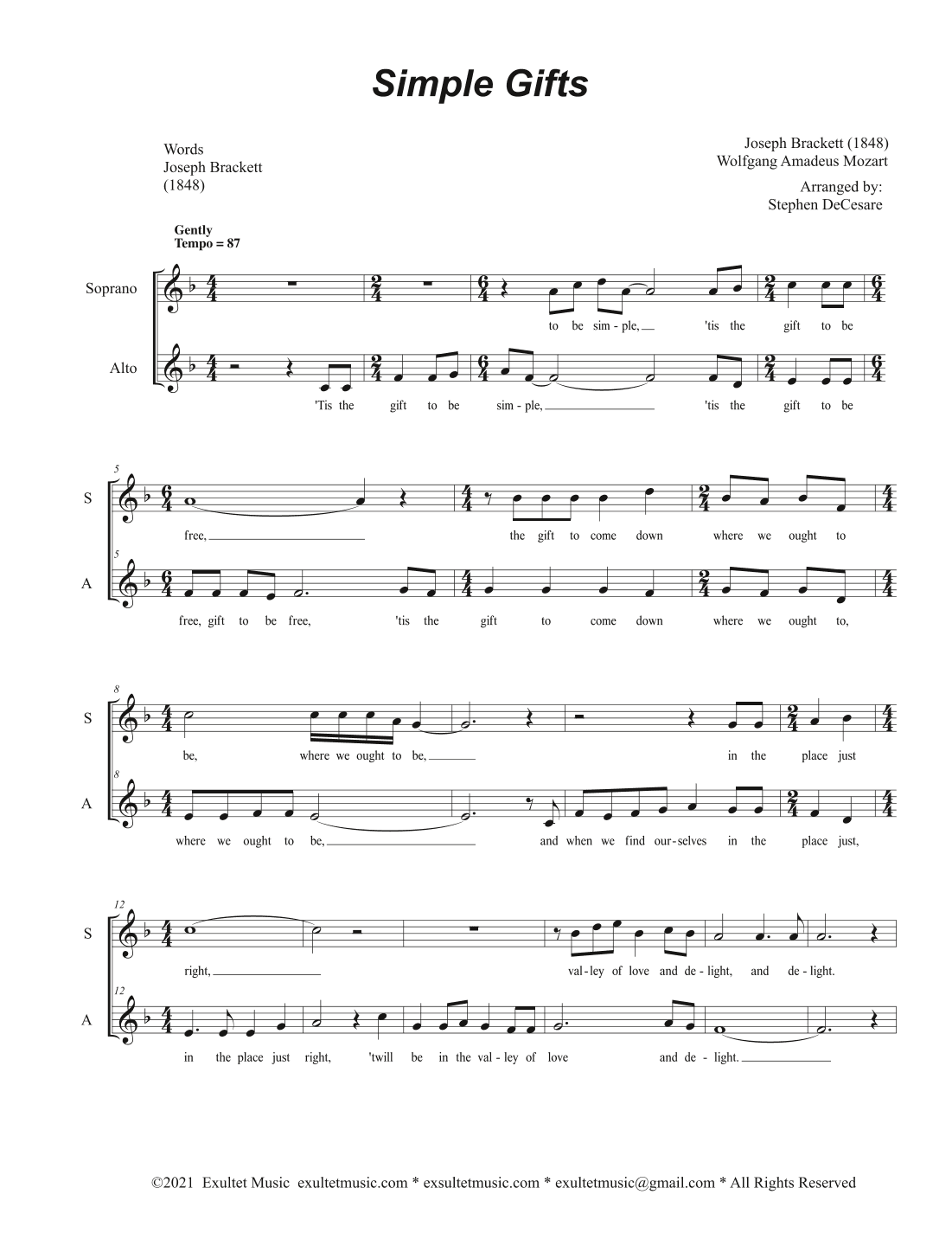 Simple Gifts (Duet for Soprano and Alto solo) (arr. Stephen DeCesare)