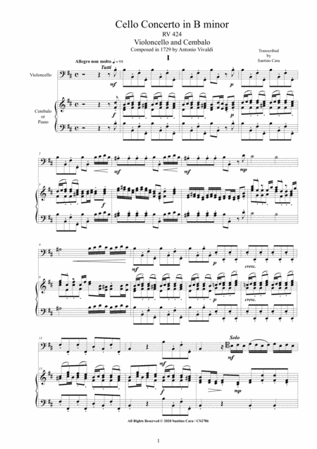 Vivaldi - Cello Concerto in B minor RV 424 for Cello and Cembalo (or Piano) (arr. Santino Cara)