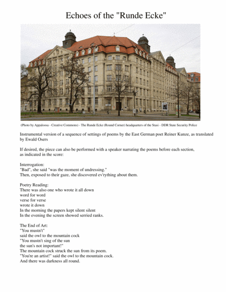 Echoes of the Runde Ecke for clarinet and guitar with optional narrator
