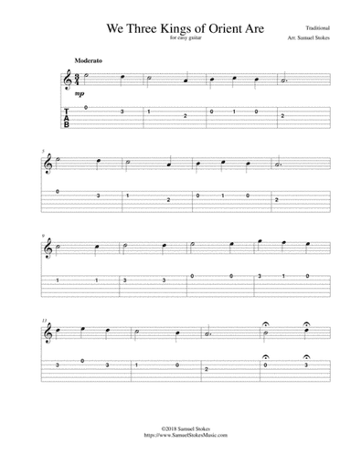 We Three Kings of Orient Are - for easy guitar with TAB (arr. Samuel Stokes)