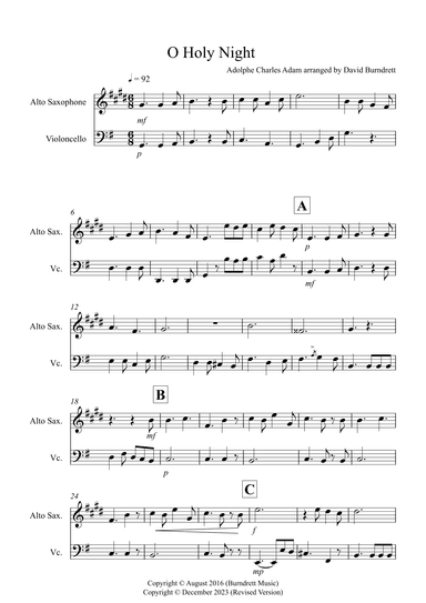 O Holy Night for Alto Saxophone and Cello Duet (arr. David Burndrett)