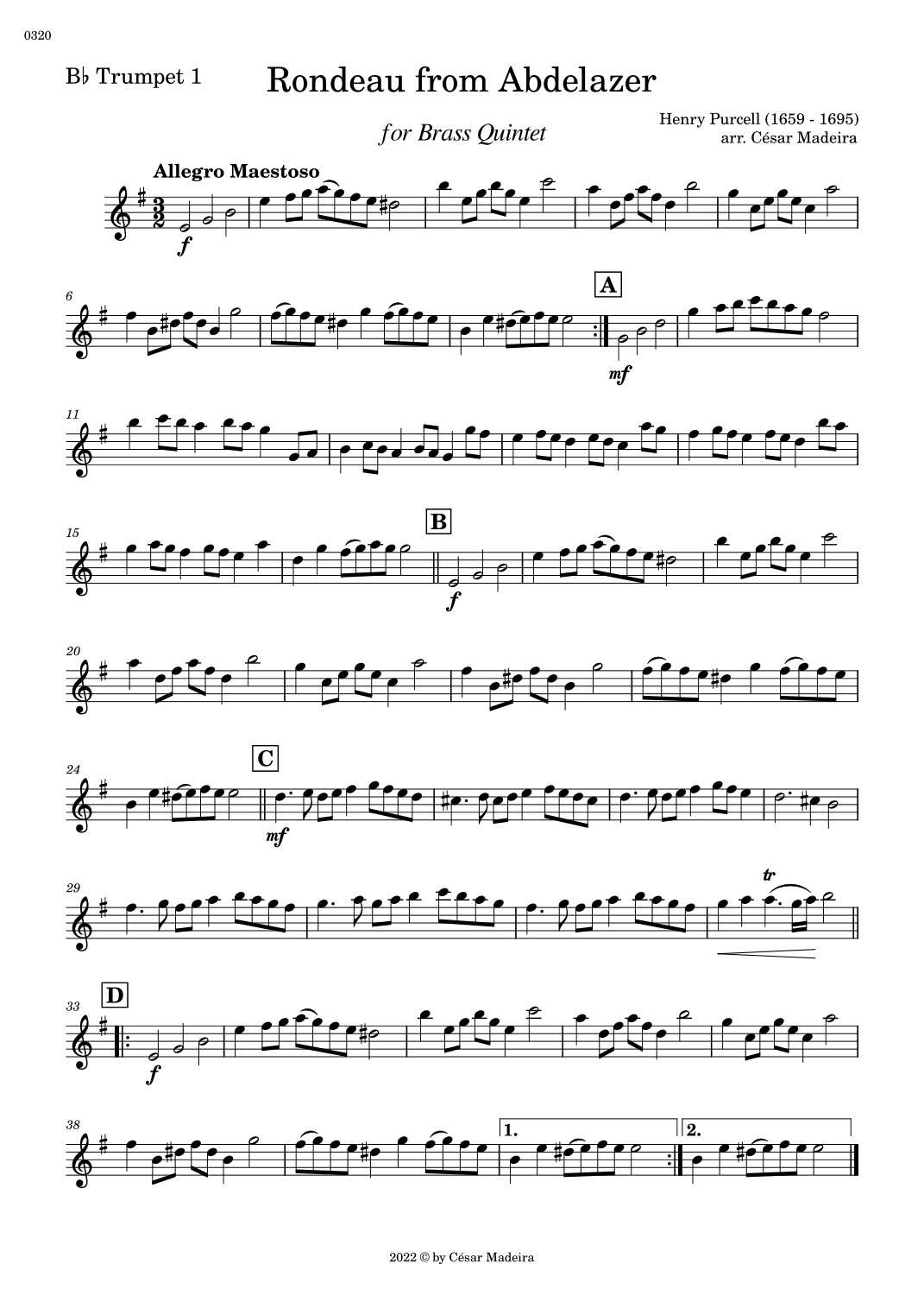 Rondeau from Abdelazer - Brass Quintet (Individual Parts) (arr. César Madeira)