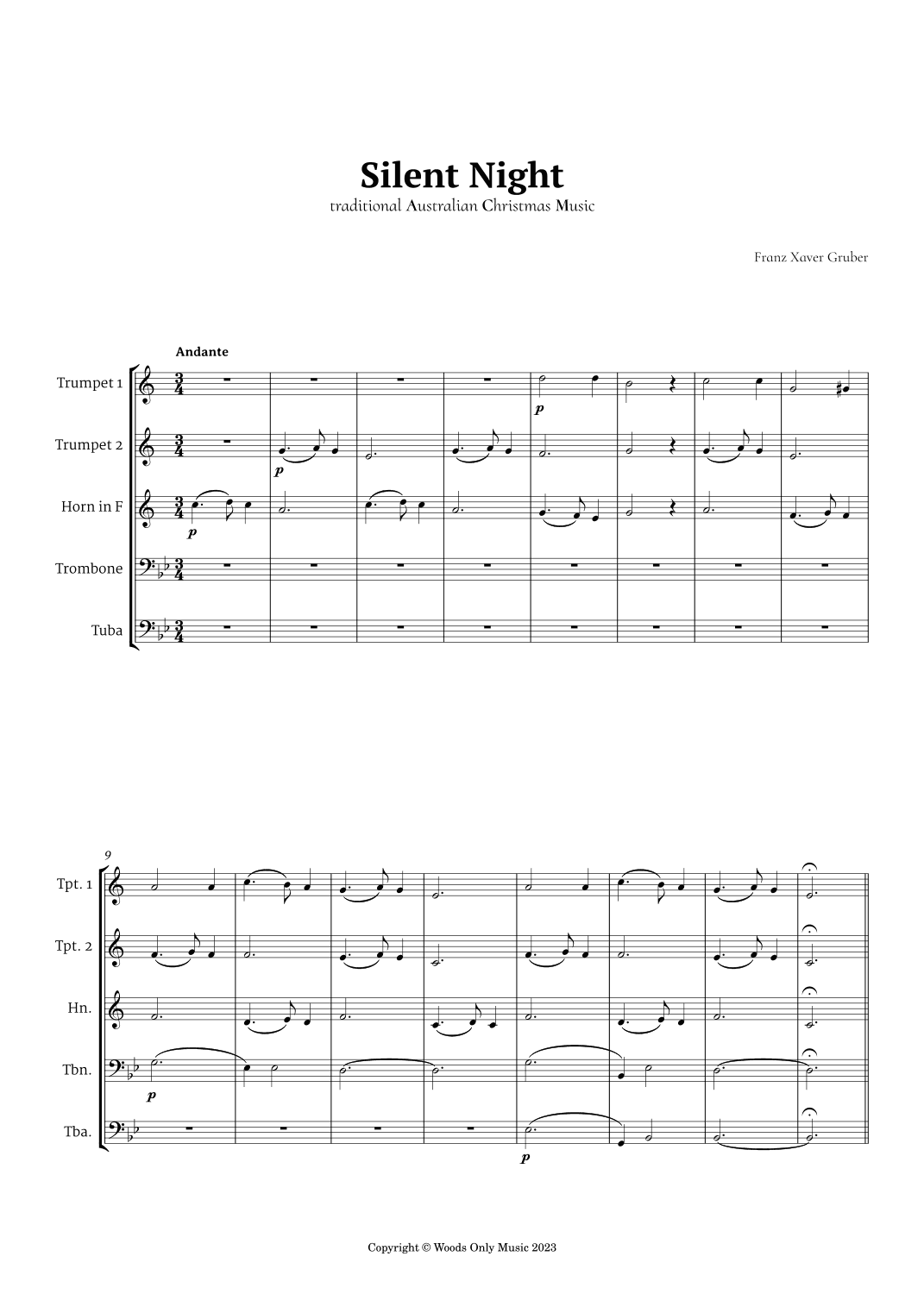 Silent Night by Franz Gruber for Brass Quintet (arr. Ander)
