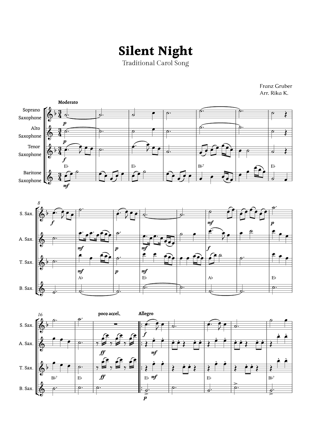 Silent Night for Saxophone Quartet (arr. Rika K.)