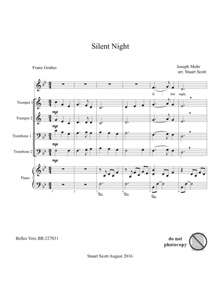 Silent Night for brass quartet, piano and unison voices (arr. Stuart Scott)