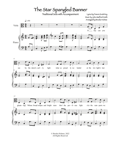 "Star Spangled Banner" Viola Solo with Piano in C (arr. Brooks Holmes)