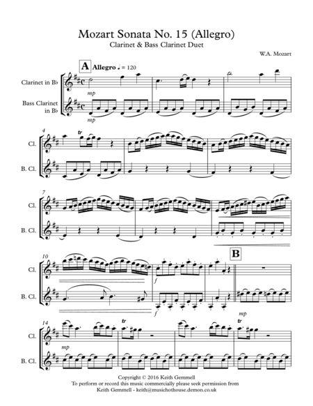 Mozart Sonata No.15 (Allegro): Clarinet & Bass Clarinet Duet (arr. K. Gemmell)