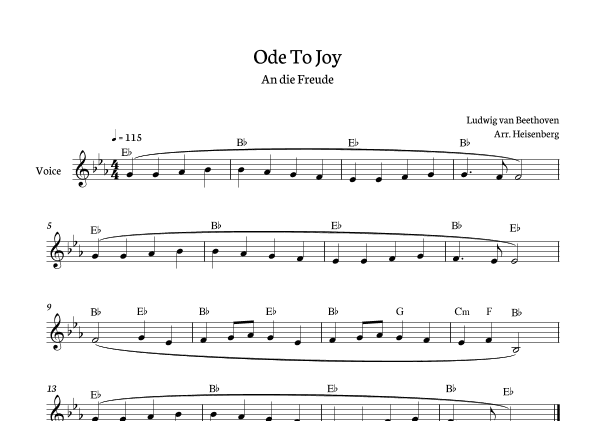 Beethoven - Ode To Joy for voice with chords in Eb (Lyrics in German)  (arr. Heisenberg)