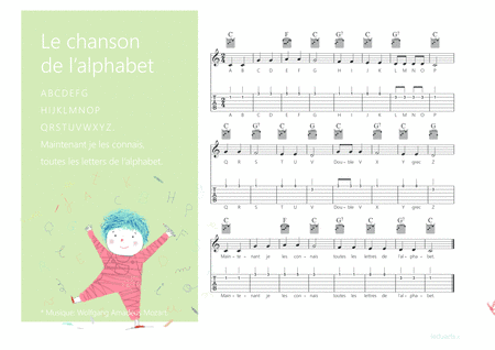 Le chanson de l'alphabet Melody + Guitar chords + Guitar TAB's (arr. iEduArts Publishers)