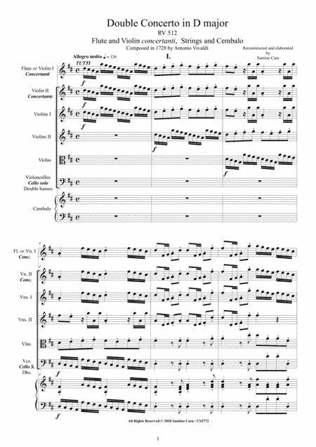 Vivaldi - Double Concerto in D major RV 512 for Flute, Violin, Strings and Cembalo (arr. Santino Cara)