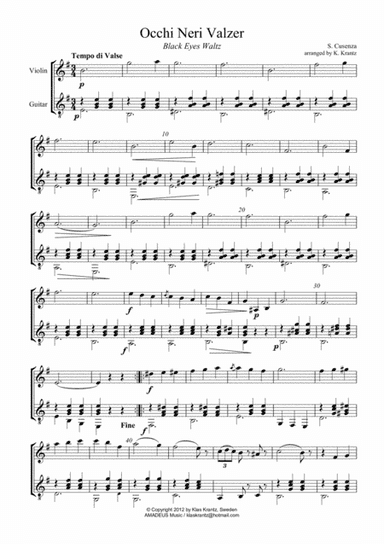 Occhi Neri Valzer / Black Eyes Italian Waltz for violin (mandoline) and guitar (arr. Amadeus Music)