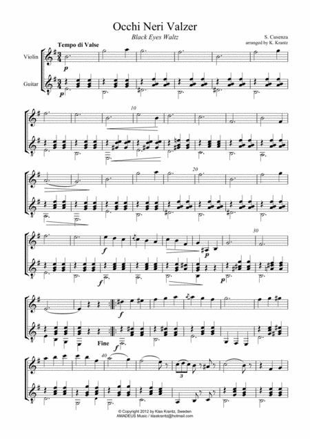 Occhi Neri Valzer / Black Eyes Italian Waltz for violin (mandoline) and guitar (arr. Amadeus Music)