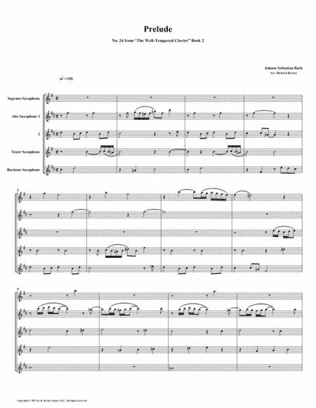 Prelude 24 from Well-Tempered Clavier, Book 2 (Saxophone Quintet) (arr. Richard Byrnes)