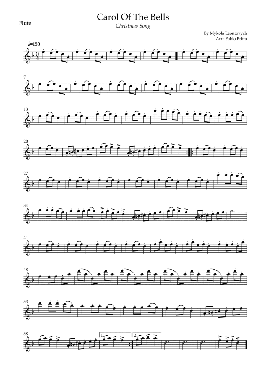 Carol Of The Bells (Christmas Song) for Flute Solo (D Minor) (arr. Fabio Britto)