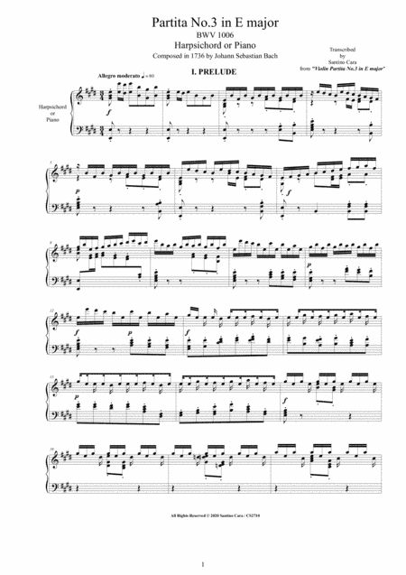 Bach - Partita No.3 in E major BWV 1006 for Harpsichord or Piano (arr. Santino Cara)