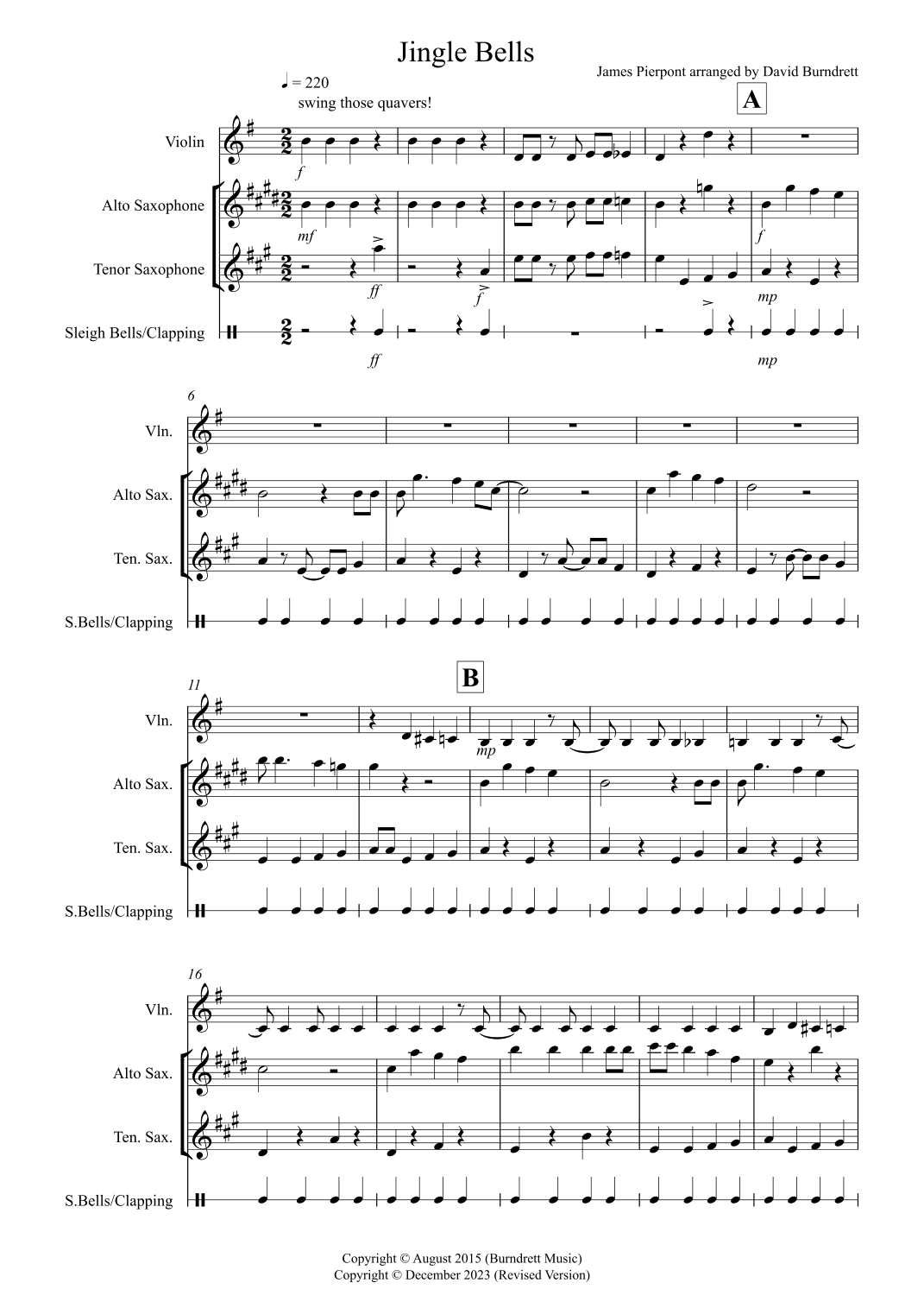 Jingle Bells (Jazzy Style!) for Violin, Alto and Tenor Saxophone Trio (arr. David Burndrett)