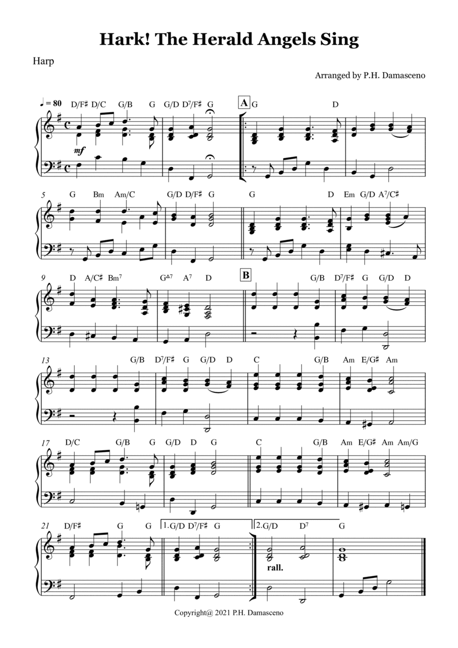 Hark! The Herald Angels Sing - Harp Solo with Chords (arr. P.H. Damasceno)