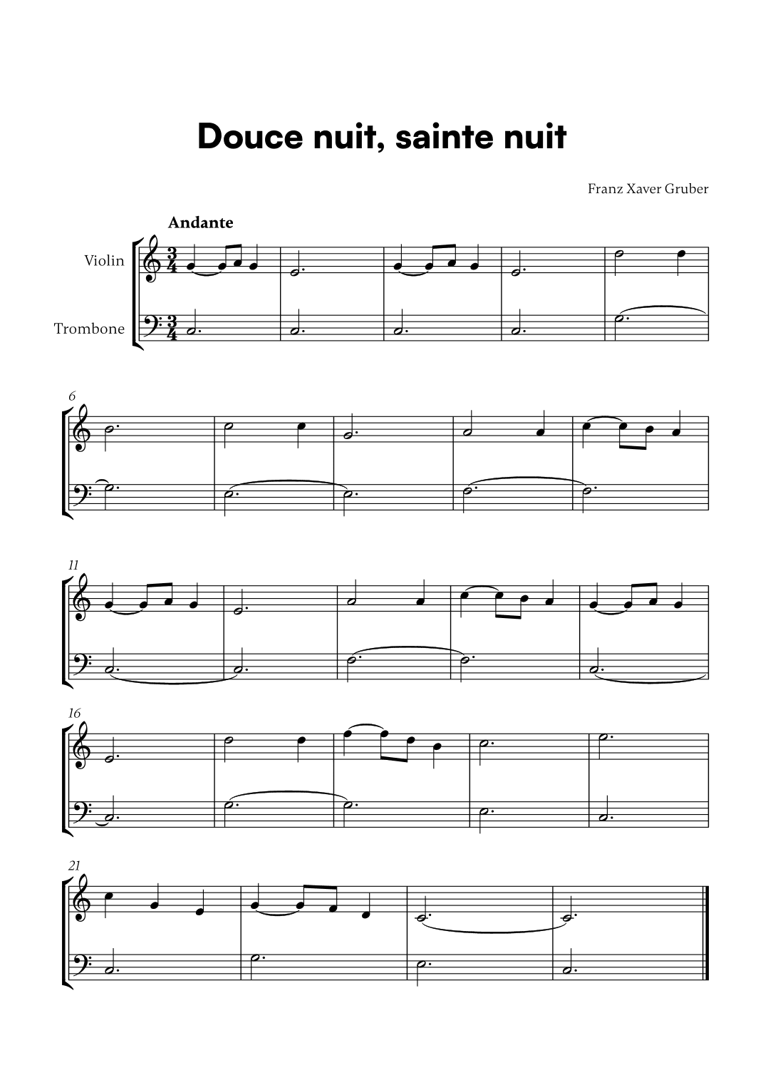 Douce nuit, sainte nuit (for Violin and Trombone) (arr. Cadenza Editions)