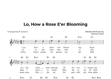 Lo, How a Rose E'er Blooming (Key of G-Flat Major) (arr. R. Salvario)
