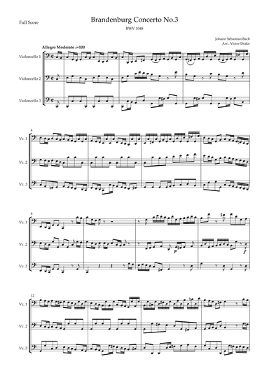 Brandenburg Concerto No. 3 in G major, BWV 1048 1st Mov. (J.S. Bach) for Cello Trio (arr. Victor Drake)