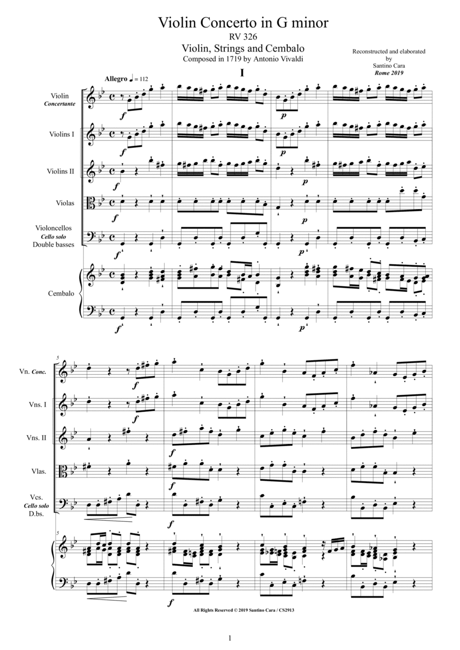 Vivaldi - Violin Concerto in G minor RV 326 for Violin, Strings and Cembalo (arr. Santino Cara)