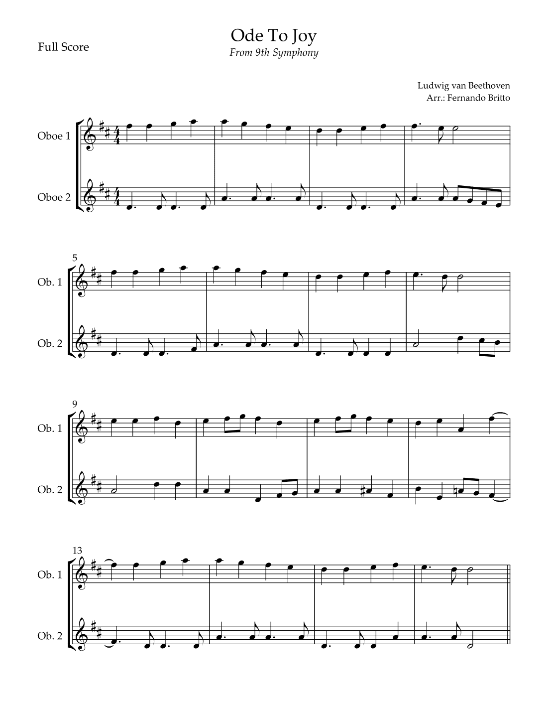 Ode To Joy Theme (from Beethoven's 9th Symphony) for Oboe Duo (arr. Fernando Britto)