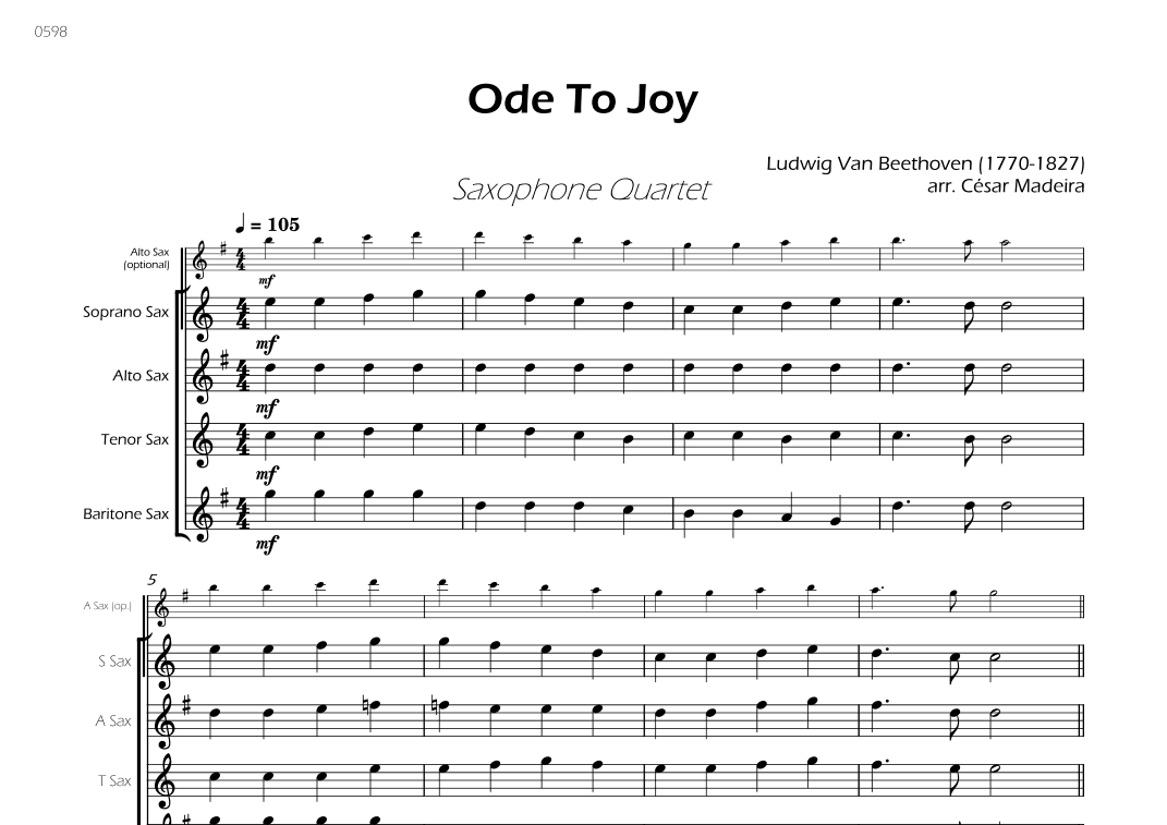 Ode To Joy - Easy Sax Quartet (Full Score) - Score Only (arr. César Madeira)