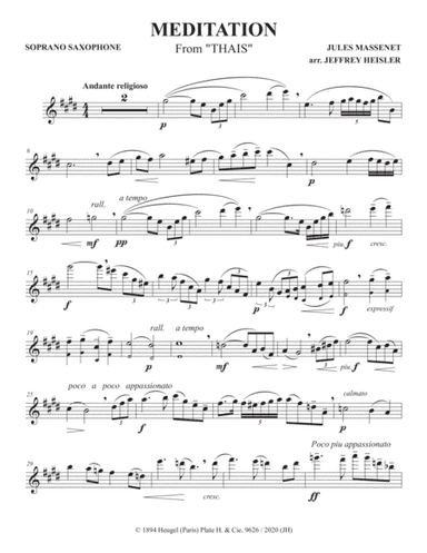 Meditation from "Thaïs" by Jules Massenet for Soprano Saxophone and Piano arr. Jeffrey Heisler (Ori (arr. Jeffrey Heisler)