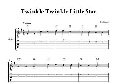 Twinkle Twinkle Little Star - (G Major - with TAB, Chords) (arr. Yuri Noronha)