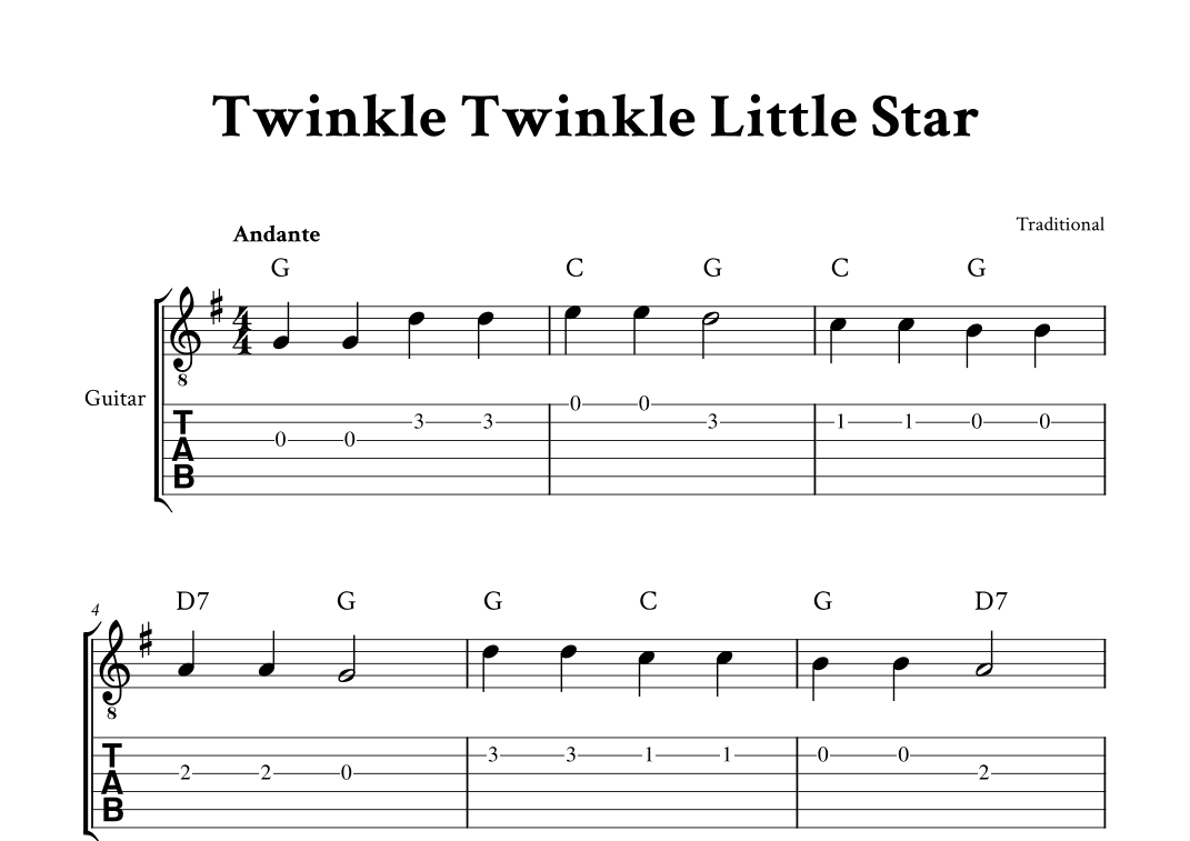 Twinkle Twinkle Little Star - (G Major - with TAB, Chords) (arr. Yuri Noronha)