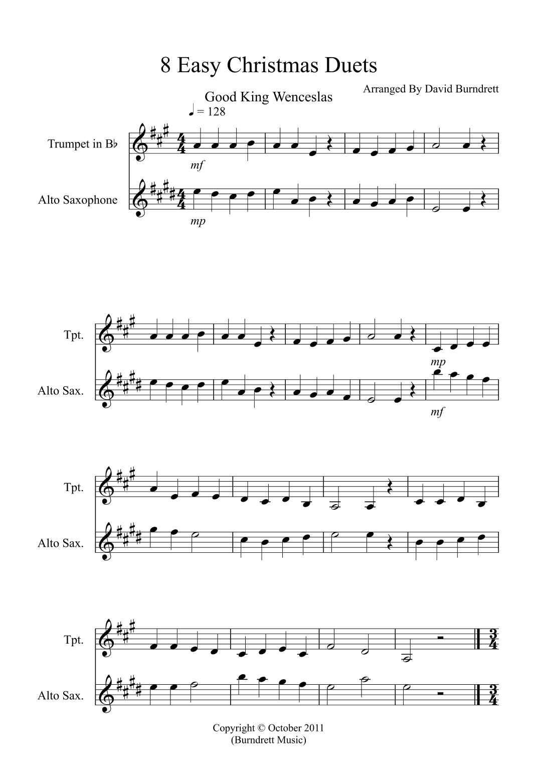 8 Easy Christmas Duets for Trumpet and Alto Saxophone (arr. David Burndrett)