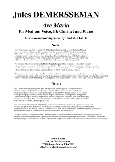 Jules Demersseman : Ave Maria for medium voice, Bb clarinet and piano (arr. Musik Fabrik Music Publishing)