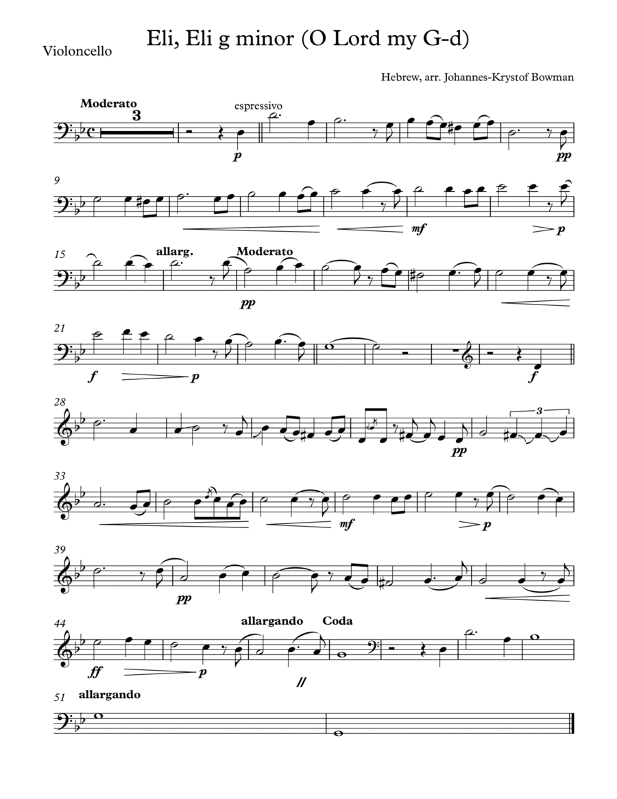 Eli, Eli, shelo yigamer leolam (Cello & Piano) (arr. Johannes Bowman (BowString Music))