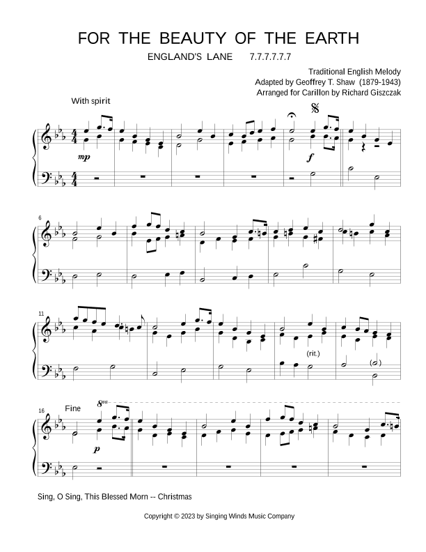 For the Beauty of the Earth  (ENGLAND'S LANE) (arr. Richard Giszczak)