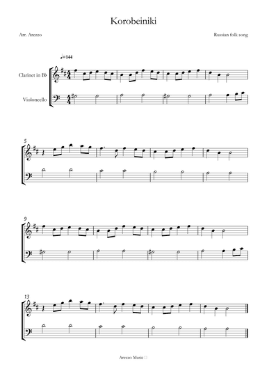 korobeiniki tetris theme for Clarinet and Cello sheet music (arr. Arezzo Music)