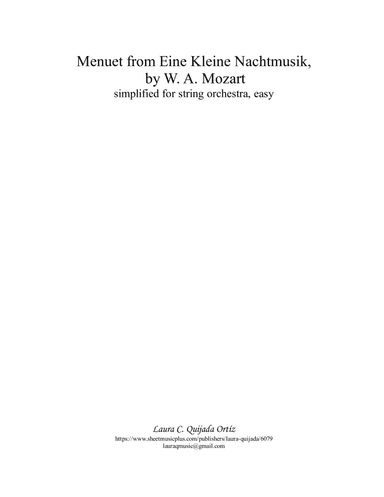 Menuet from Eine Kleine Nachtmusik, EASY for string orchestra. SCORE & PARTS. (arr. Laura C. Quijada Ortíz)