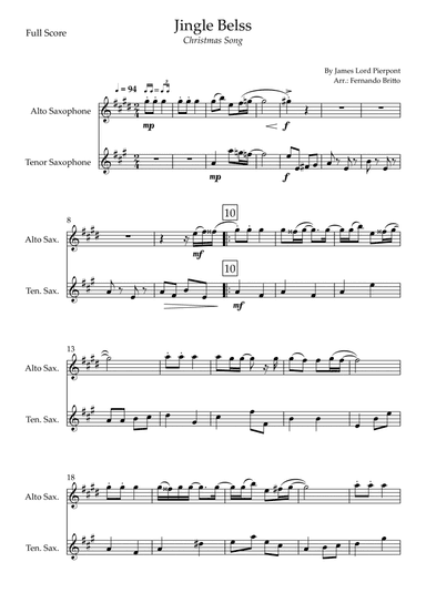 Jingle Bells - Jazz Version (Christmas Song) for Alto Saxophone & Tenor Saxophone Duo (arr. Fernando Britto)