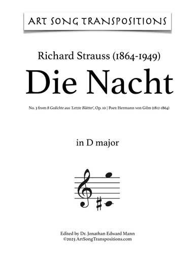 STRAUSS: Die Nacht, Op. 10 no. 3 (transposed to D major and D-flat major) (arr. ArtSongTranspositions.com)