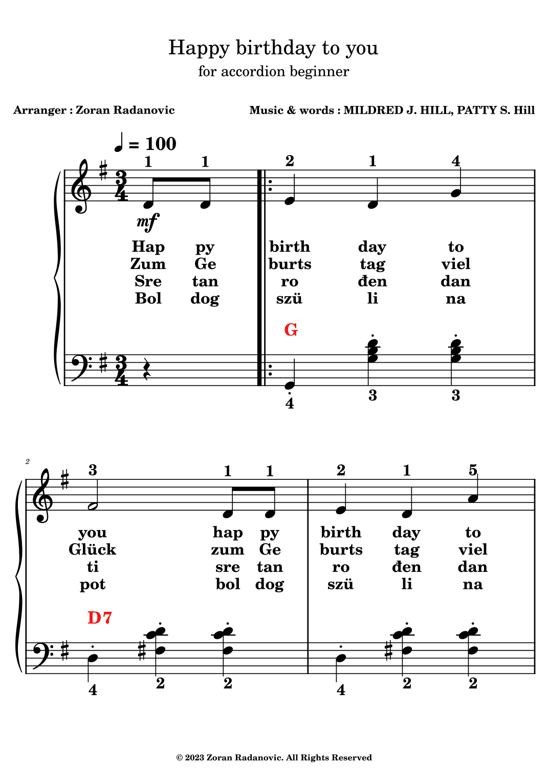 Happy birthday to you - for accordion beginner (arr. Zoran Radanovic)