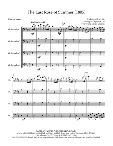 The Last Rose of Summer (for cello quartet) (arr. Joel Jacklich (ASCAP))