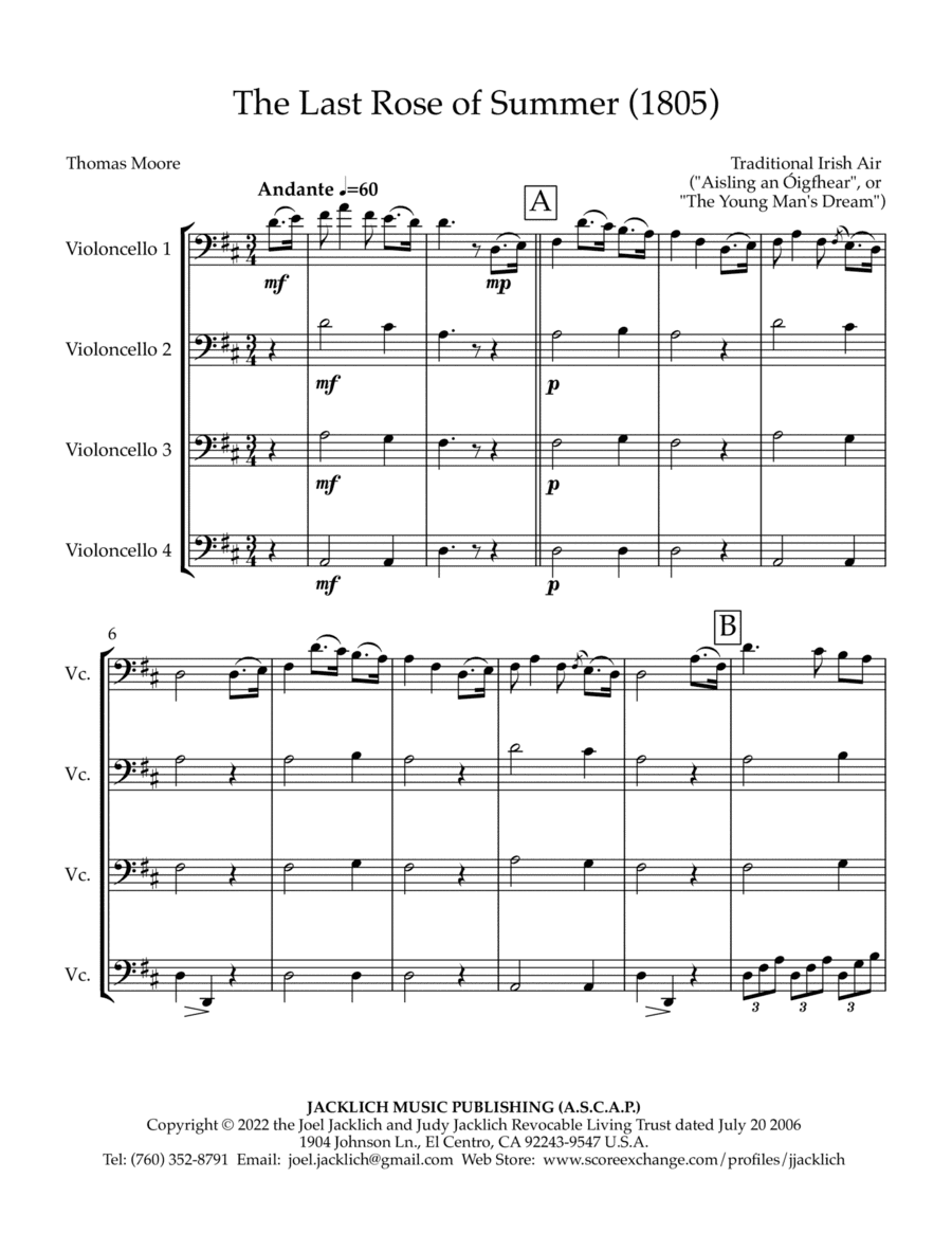 The Last Rose of Summer (for cello quartet) (arr. Joel Jacklich (ASCAP))