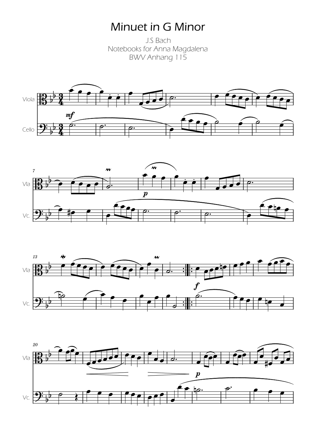 Minuet in G minor BWV Anh. 115 - Bach - Viola and Cello (arr. Ygor Nunes Silva)