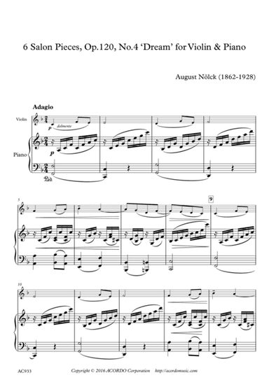 6 Salon Pieces, Op.120, No.4 ‘Dream’ for Violin & Piano (arr. Mikio Kamada)