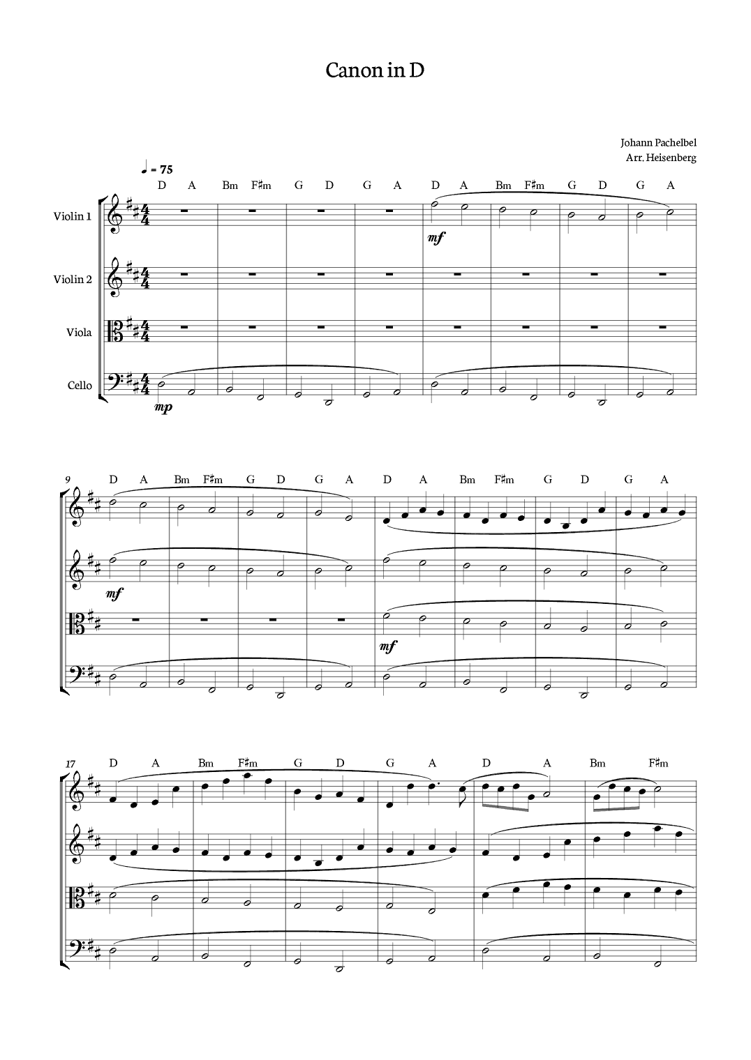 Canon in D - Johann Pachelbel for String Quartet with chords. (arr. Heisenberg)