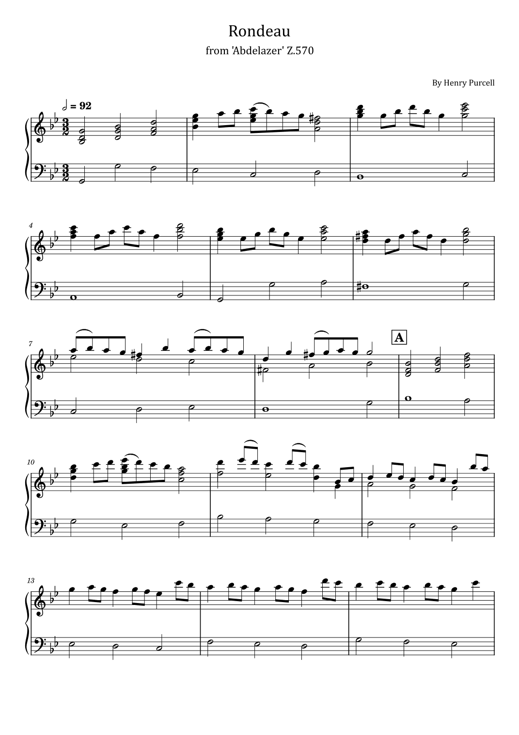 Henry Purcell - Rondeau - from 'Abdelazer' Z.570 - For Easy Piano (arr. poon)