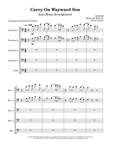 Carry On Wayward Son - Score Only (arr. Alexander Skelton)