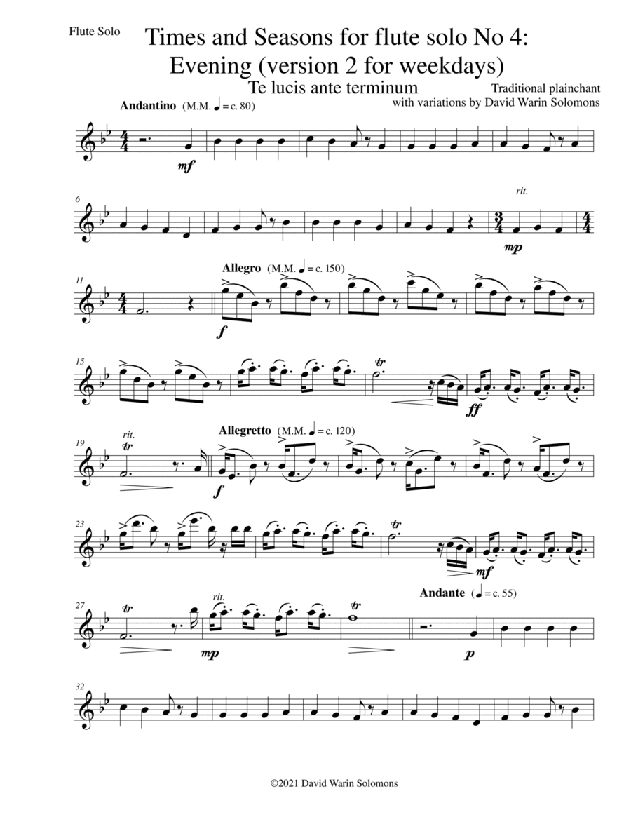 Times and Seasons for flute solo No 4: Evening (version 2 for weekdays) (arr. David Warin Solomons)