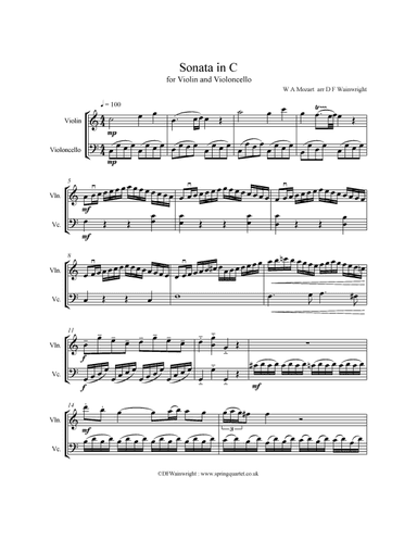 Mozart's Sonata in C arranged for Violin and Violoncello (arr. David F Wainwright)